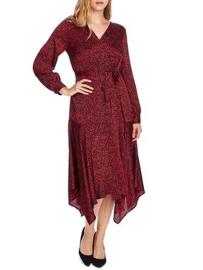 Vince Camuto Red Black Drifting Petals Hammered Satin Career Wrap Dress